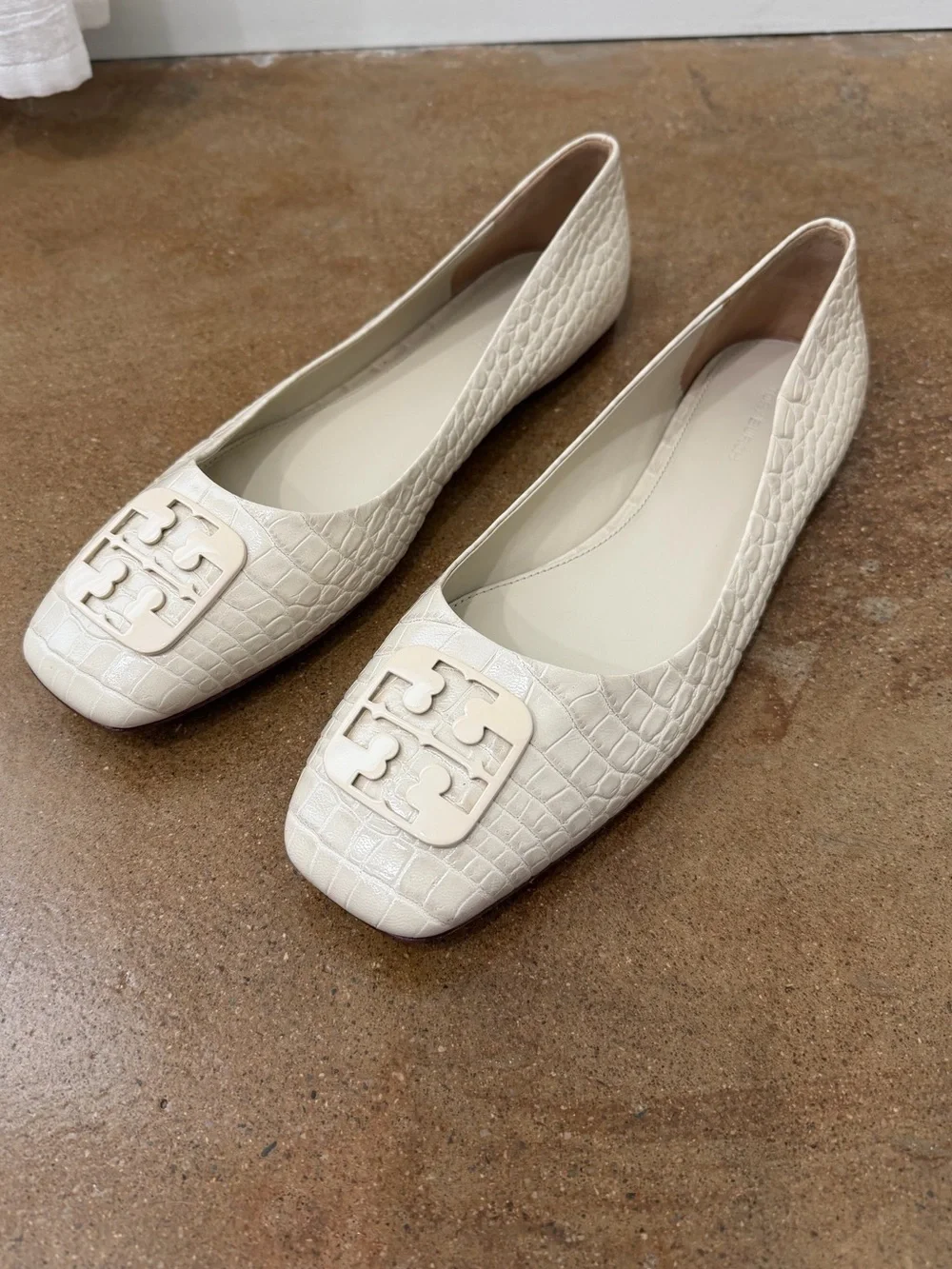 Tory Burch Georgia Square-Toe Croc-Embossed Leather Ballet Flats